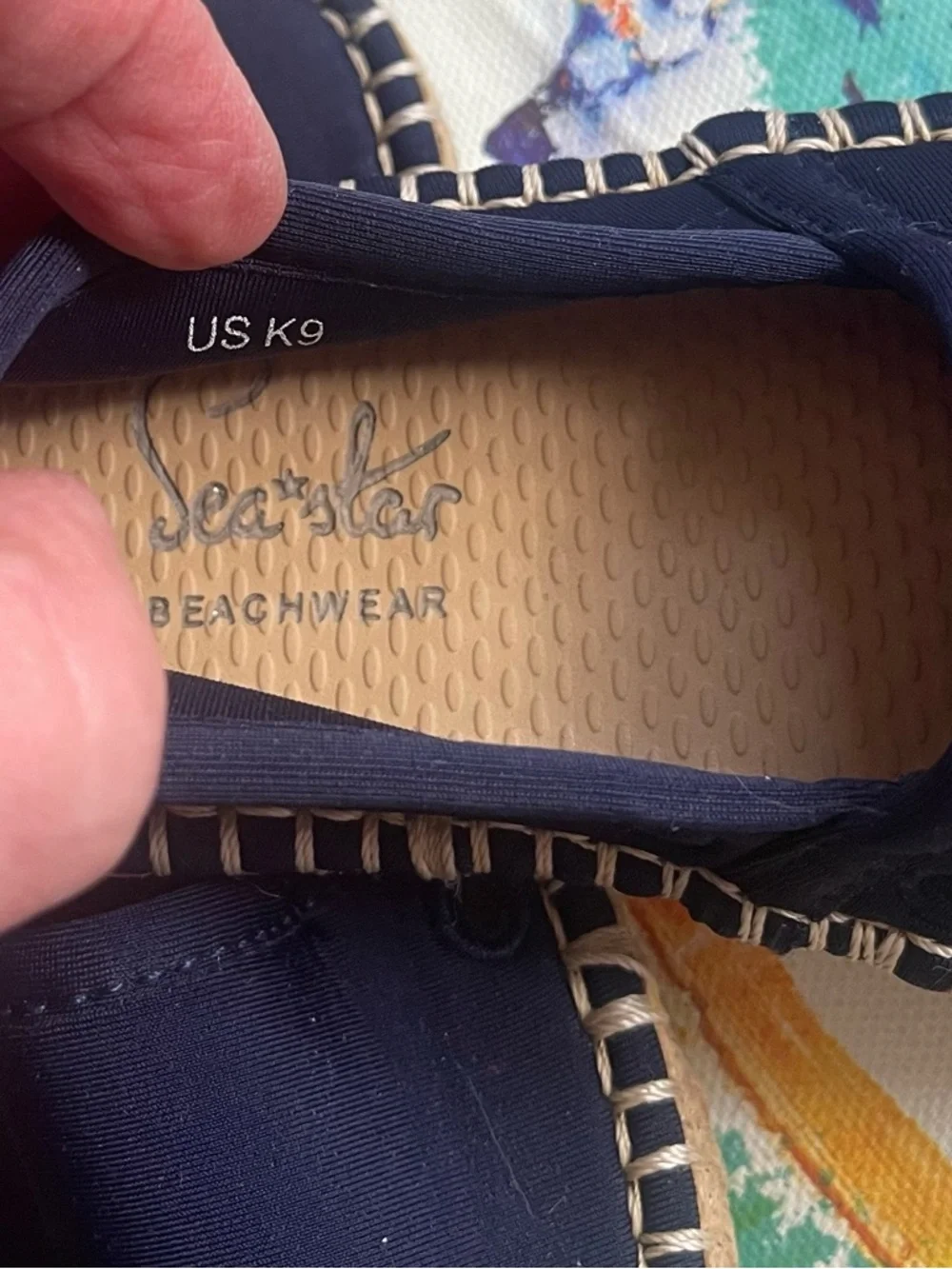 Size 9 Kids unisex Sea Star Espadrilles. Navy Slip-ons with Red Pull on tab.